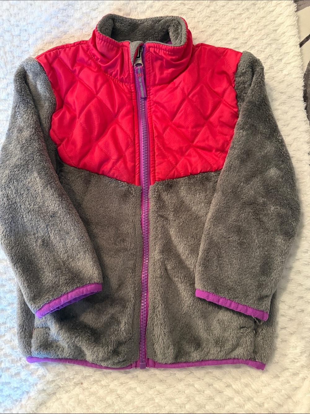 Champion Kids Grey Fleece Jacket with Pink Quilted Yoke and Purple Trim